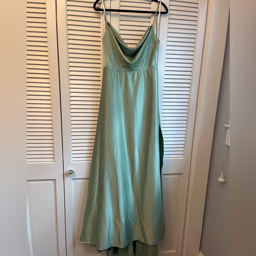 sage green satin formal dress